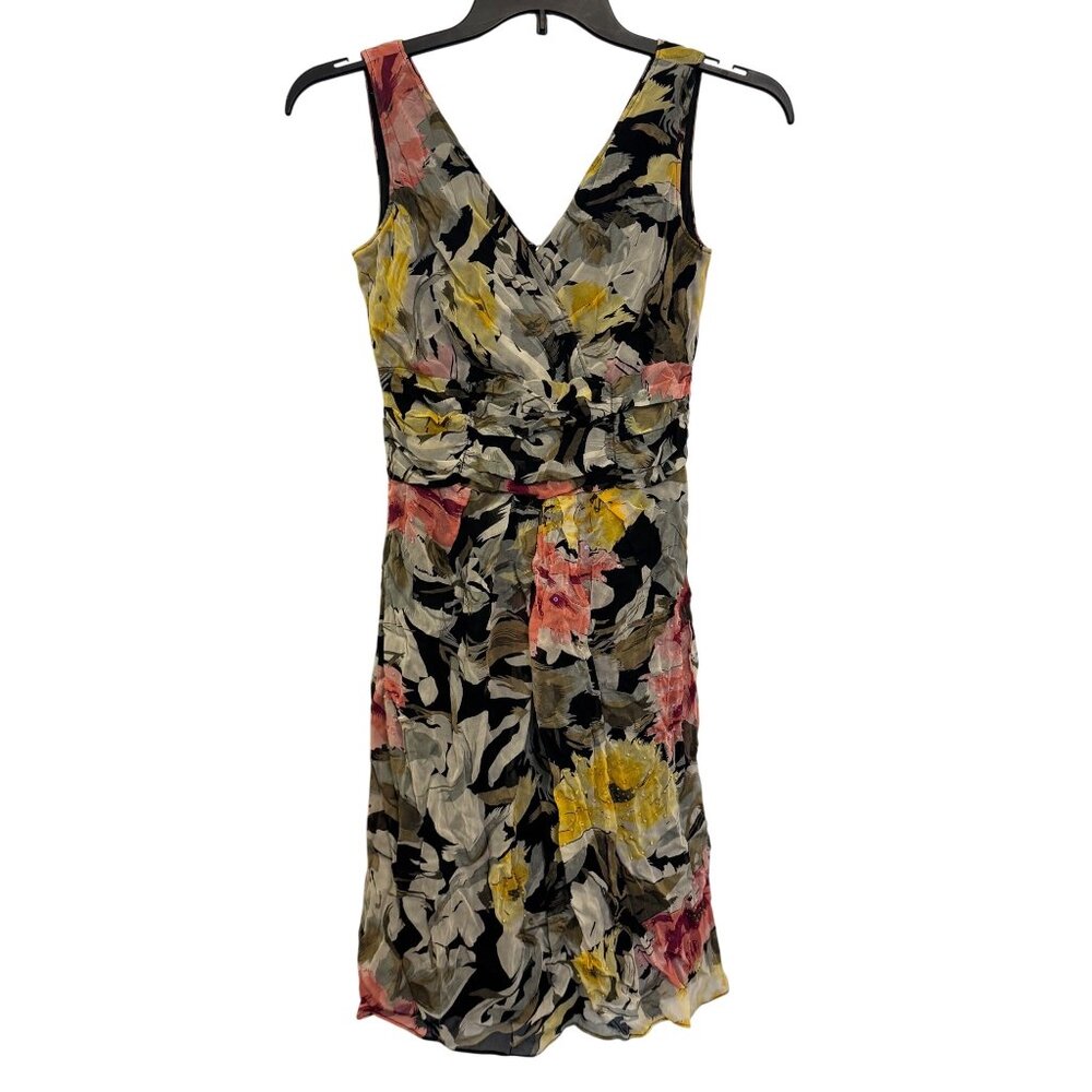 Vintage Bella Blue Floral Sleeveless V-Neck Dress Size 4 Black/Yellow/Rayon